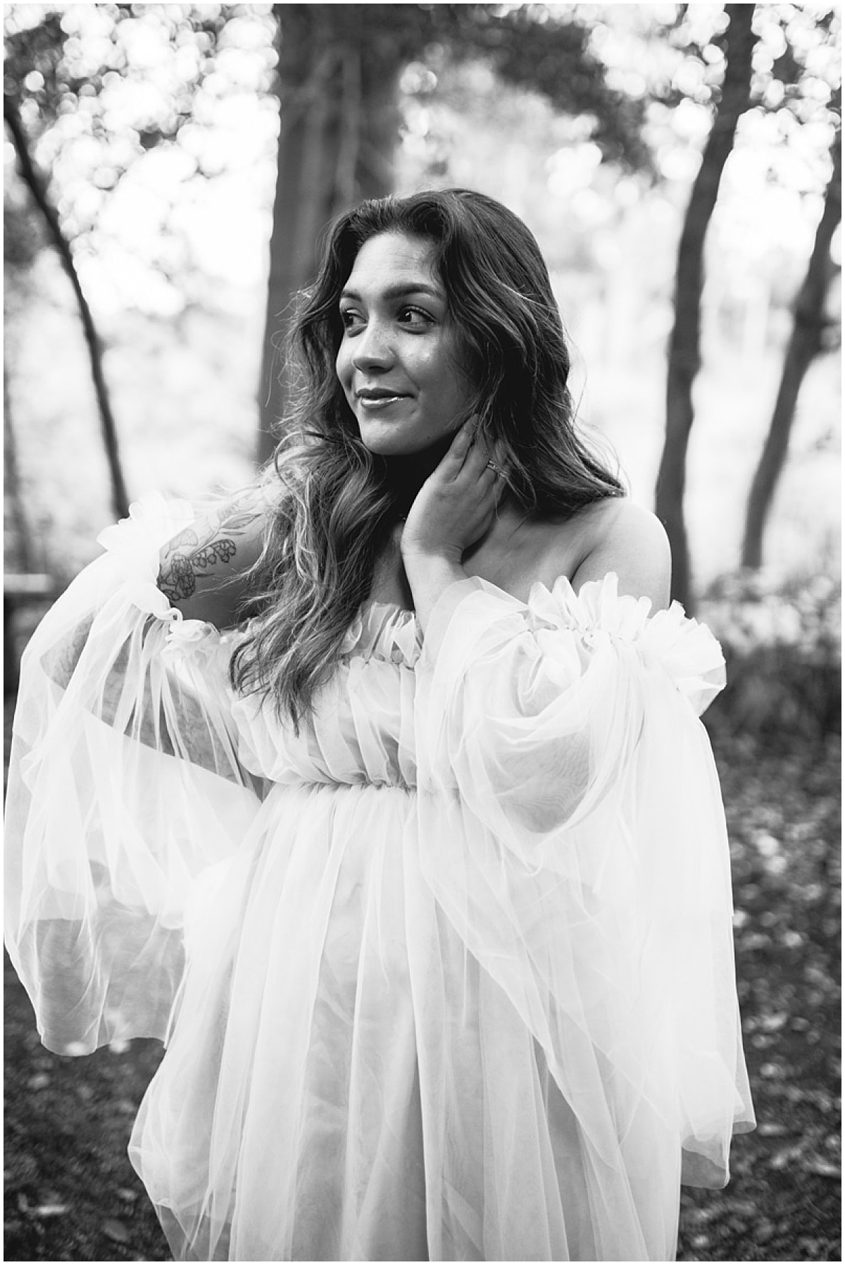 outdoor dreamy ethereal portraits in the woods in smyrna Delaware with Kass. solo portrait in black and white